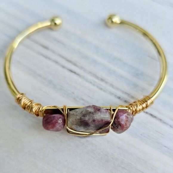 Pink Tourmaline ✦ Wire Wrap Cuff ✦ 14Kt Gold Over Copper Handmade Bracelet - Picture 6 of 11